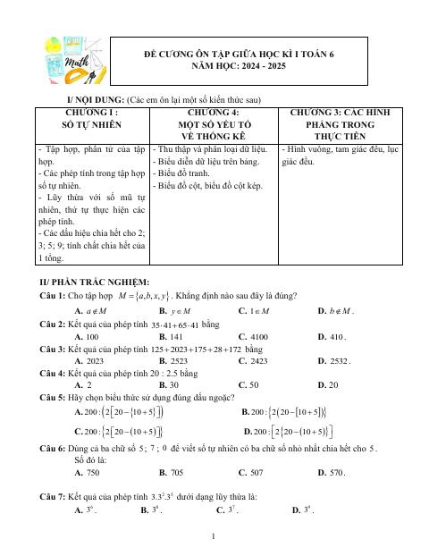 Đề cương giữa học kì 1 Toán 6 năm 2024 – 2025 trường THCS Phước Nguyên – BR VT